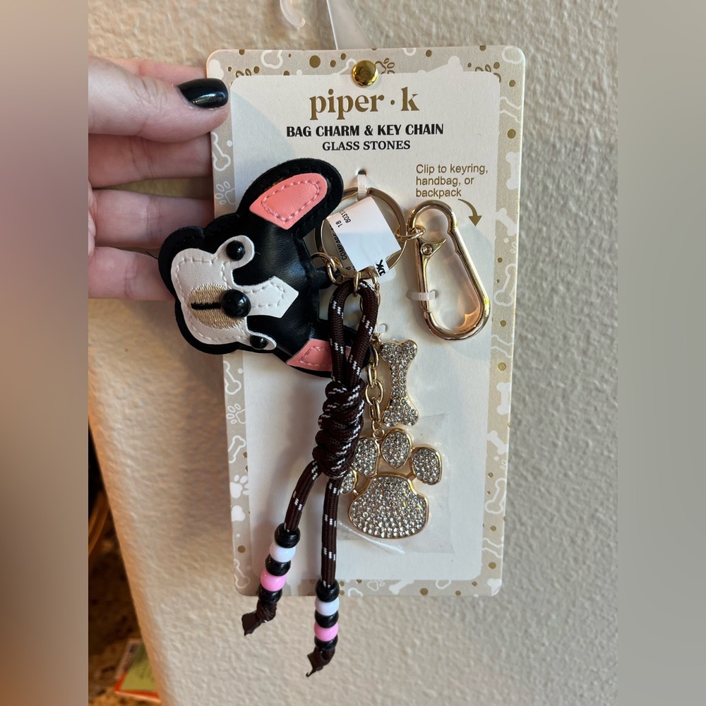 Piper Black and Pink Dog Bag Charm with Gold Key Chain